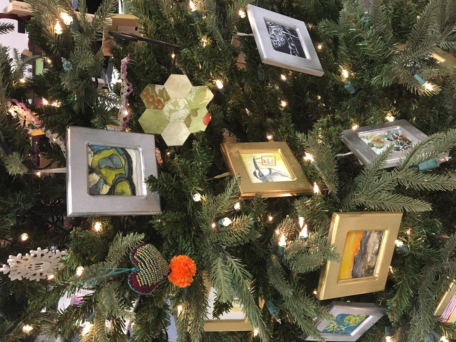 holiday tree with custom art, miniature art, fiber art, holiday tree auction